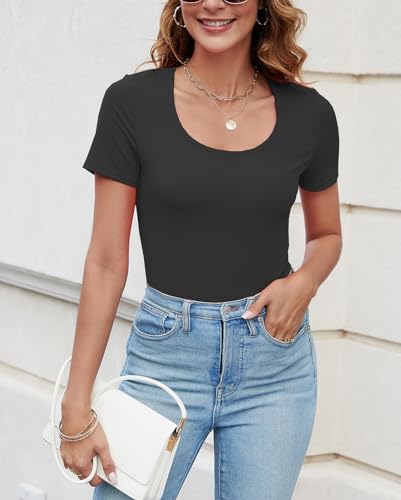 JSQTYSL WOMENS SHORT SLEEVE SCOOP NECK TOPS CASUAL SLIM FITTED BASIC SHIRTS (BLACK,L)