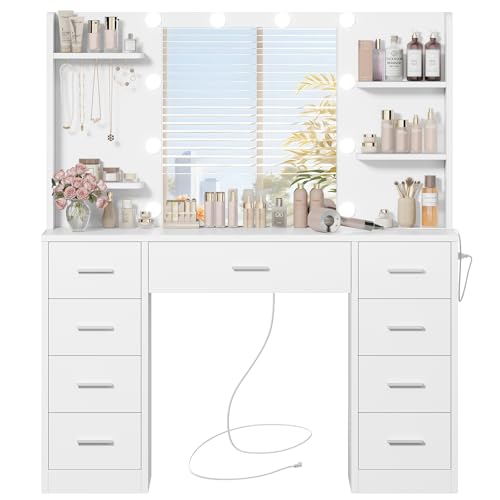 TEENFON Large Vanity Desk with 9 Drawers & Power Outlet, 6 Open Shelves and 5 Jewel Hooks, Makeup Vanity with Lighted Mirror, 3-Color LED & Adjustable Brightness, Dressing Table for Bedroom, White