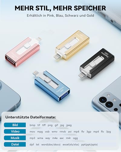 SUDEHO USB Stick 256GB for iPhone, MFi Certified 4 in 1 Memory Stick for iPhone/iPad/Android/PC, Flash Drive with Plug and Play Backup for Photos & Videos, Fast Transmission, Ash Blue