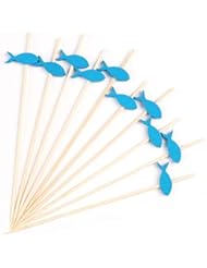 PuTwo Cocktail Toothpicks 100 Counts Cocktail Picks Handmade Natural Bamboo Cocktail Sticks Eco-Friendly Appetizer Skewers for Cocktail Appetizers Fruits Dessert - Blue Fishes
