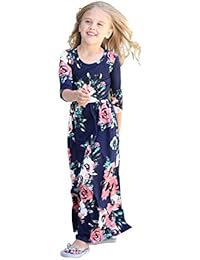 Girls Maxi Dress,Kids Floral Casual T-Shirt 3/4 Sleeve Dresses with Pocket for Girls 6-12T