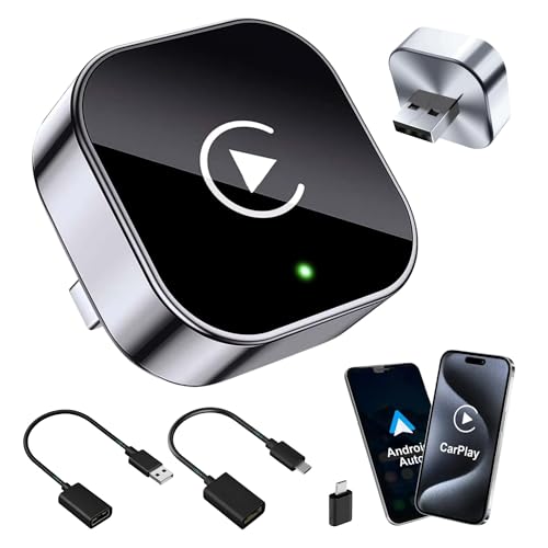 Tesorista Carplay Wireless 2 in 1 Mini 2026 Adapter, Android Auto Wireless with USB Plug & Play, Quick Reconnect ~3s, USB-A/USB-C and Hard Dongle for Hard Ports