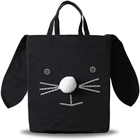 Easter Bunny Tote Bag Rabbit Canvas Tote Bag for Kids, Easter Gift Bag Egg Hunts Carry Basket Handbag with Bunny Ear and Nose for Party,School,Daily Use