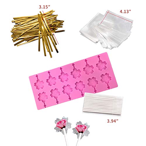 Akingshop 12 Capacity Silicone Cherry Blossoms Lollipop Mold Set, Sucker Molds and Chocolate Hard Candy Mold with 50pcs Lollipop Sucker Sticks, Candy Treat Bags, Gold Ties. (Cherry Blossoms Pink)