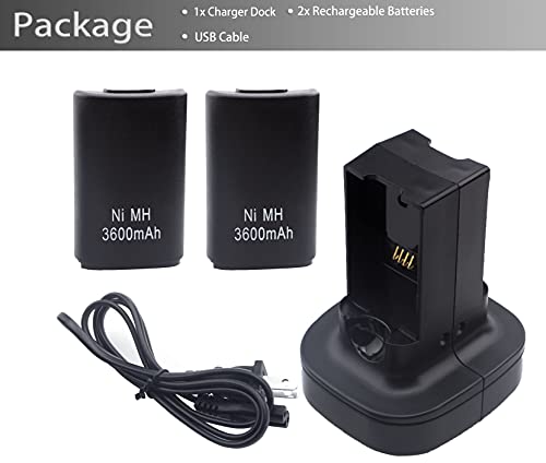 2-Pack Xbox 360 Controller Rechargeable Battery (3600mAh) with Dual Charging Dock Charger Station Stand Base, fit for Xbox 360 Wireless Controller