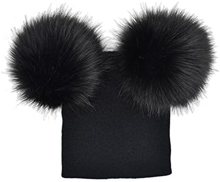 Kids Warm Winter Caps Double Fur Pom Pom Beanie Wool Knitted Hat Baby Boys Girls Two Raccoon Balls Cap