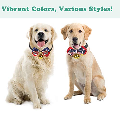 Vavopaw Pet Bowtie Collar, [2 Pack] Puppy Necktie Leather Belt Cute Bowknot Adjustable Small Dog Cat Necklace Collar with Bell Charm, Medium Size - Grid & Stripes - Thumbnail 5