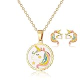 VINJEWELRY Kids Round Colorful Unicorn Pendant Necklace with Gold Chain and Girls Little Horse Earrings Studs Jewelry Set