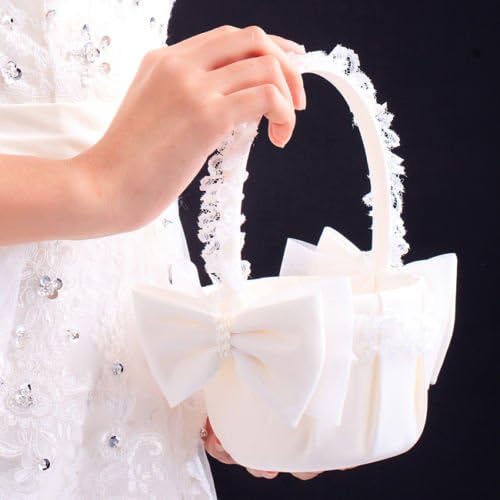 Basket Bowknot Pearl Satin Wedding Party Ceremony Flower Girl Lace Vintage Flower Girl Basket Perfect For Wedding