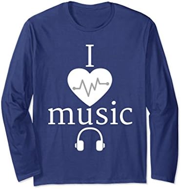 Unisex I Love Music Headphones and Heartbeat Long-Sleeve Shirt Medium Navy