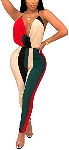 WentShopping Women Sexy Halter Neck Rainbow Color Block High Waist Jumpsuit Rompers, Red, Small