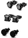 FIBO STEEL 3 Pairs Stainless Steel Black Stud Earrings for Men Women CZ Earrings, 5mm