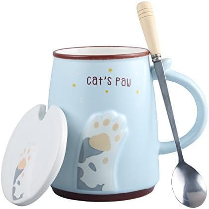 Neolith 15 oz Cat Lover Mug Funny Cat Mugs for Women Ceramic Big Coffee Mug with Lid & Spoon Cat's Paw Mug with Gift Box Tea Cup 3D Cat Mugs Blue for Men & Women, Mom & Dad (15 oz, CornflowerBlue)