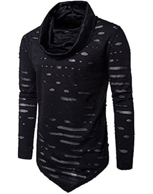 Men's Pure Colour Hipster Hiphop Holes Design Hem Heaps Collar Long Sleeve T-Shirt