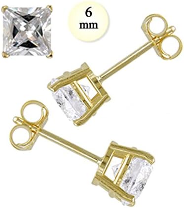 Noureda 14K Yellow Gold Stud Earring Aprx 3 Carat Total Weight, 6mm Each Princess Cut Simulated Diamond Earring. Set on Prong Setting &amp; Friction Style Post