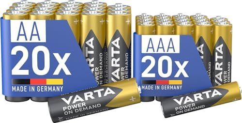 Pilas 20x AA & 20x AAA, Mix Pack, paquete de 40, Power On Demand, alcalinas, paquete de almacenamiento, para accesorios de ordenador, para Smart Home, Made in Germany (Exclusivo en Amazon)