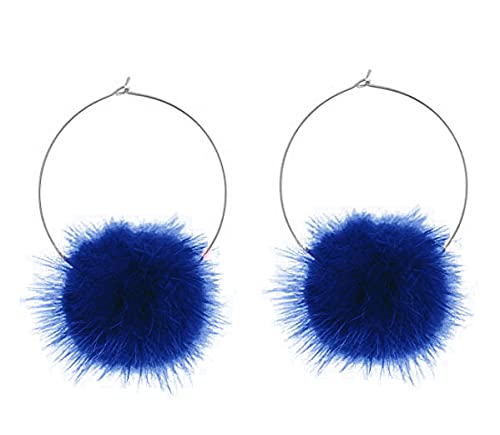 Fur Pom Pom Fluffy Earrings Baby Pink White Black Green Silver (Blue)