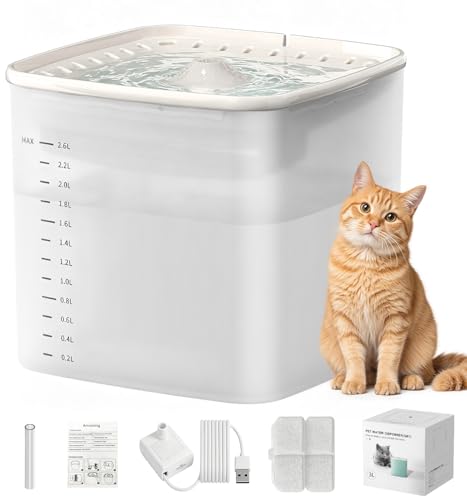 Drinking Fountain for Cat, 3 L Cat Fountain, Quiet Water Pump, Cat Drinking Fountain, Transparent Water Tank with Water Level Indicator, Water Fountain for Cats, Easy to Clean, Includes 2 Filter
