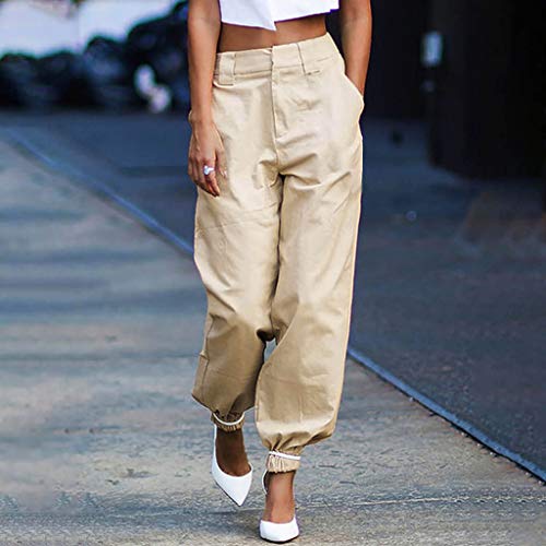 MILIMIEYIK Women's Casual Loose Paper Bag Waist Long Pants Trousers Shorts with Pockets Khaki