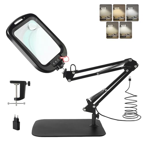 GABORISH Table Magnifier with Light and Stand, Rectangular Magnifying Lamp with 60 LEDs, 5 Colour Modes and Dimmable, Hands-Free Standing Magnifier with Light, 2-in-1 Magnifying Lamp with Clamp and Base for Reading Closework
