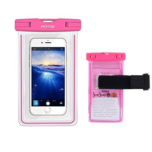 POTOK Universal Waterproof Case, Transparent Luminous PVC Waterproof Bag with Armband for IPhone 6 6S 6 Plus 6S Plus, Galaxy S7 Edge S6 Edge S7 S6 S5 S4 S3, all phone up to 6.0" (ROSE)
