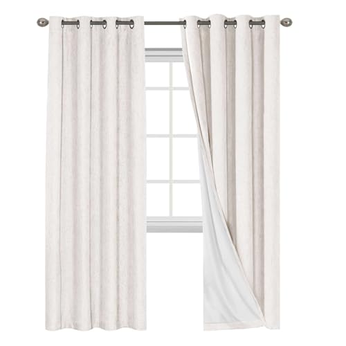 H.VERSAILTEX Cortinas Opacas para Recámara, Lino 100% Negro, para Puerta Corrediza, de Ventana Texturizadas, Ojales, Eficiencia Energética, Forro Blanco, 2 Paneles, 132 x 213 cm, Marfil