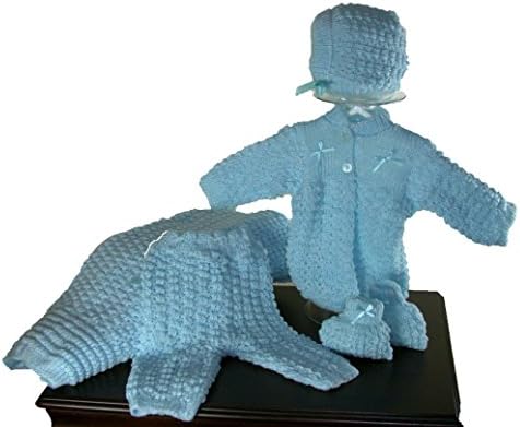 5 Pcs Knit Crochet Unisex Baby Set Blanket, Pants, Sweater, Bonnet, Booties, Size 0-3 Mo (Blue)