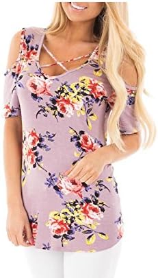 Women's T-Shirts Lavender Floral Print Crisscross Neck Short Sleeve Cold Shoulder Top