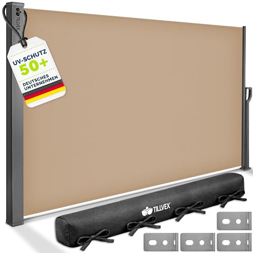 tillvex® Seitenmarkise 200 x 400 cm ausziehbar & Blickdicht mit Regencover