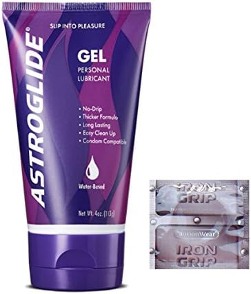 Astroglide Gel Water-Based Personal Lubricant Vaginal Dryness Moisturizer 4 oz Tube + 12 Count Caution Wear Iron Grip Condoms Snugger Tighter Fit Smaller Size