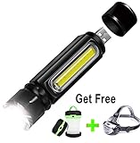 Odistar USB Rechargeable Tactical Flashlight Built-in COB Side Light and Magnet(18650 Battery Included).Get free camping lights and head lamp