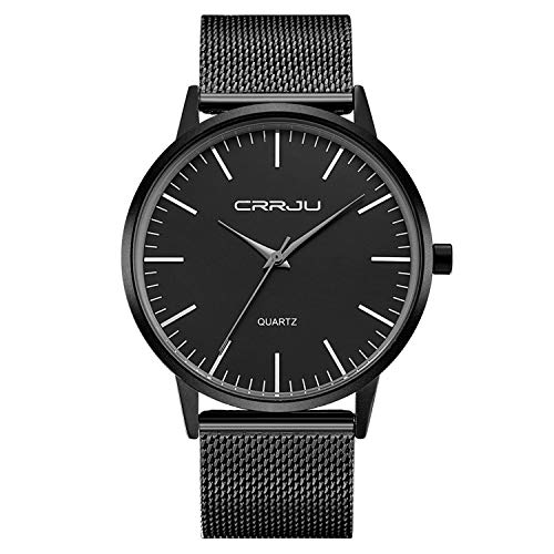 FIZILI Mens Black Ultra Thin Watch Minimalist Fashion Luxury Wrist Watches for Men Business Dress Casual Waterproof Quartz Watch for Man with Stainless Steel Mesh Band and Sub Dial