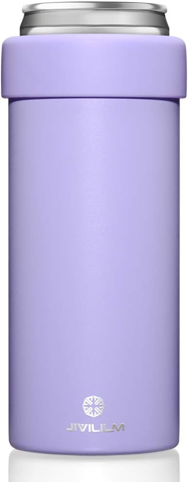 JIVILILM Vacuum Insulated Can Cooler for 12 OZ Slim Cans, Double walled Stainless Steel Beer/Soda/Beverage/Energy Drinks Skinny Cans Keeper (Lilac)