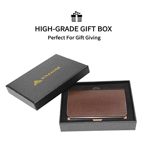 SOLEADER Slim Business Name Card Case for Men, Brown Genuine Leather Business Card Holder - with Gift Box - Gifts for Men (Brown-No Engravement)