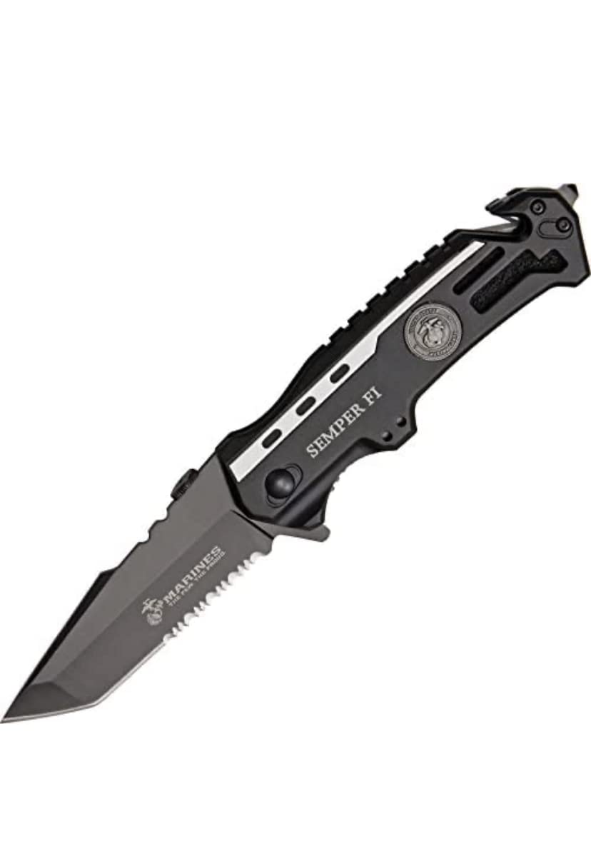 Photo 1 of 1 X USMC Elite Tactical "Semper Fi" Rescue Folder Knife - Black Tanto Blade