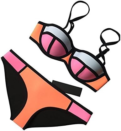 FJS Sexy Bandage Push UP Bikini Set Colour Block Padded Bra Swimsuit