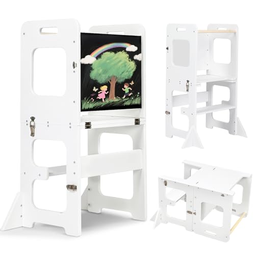 labebe Montessori Tower for Children, Folding Learning Tower, 3-in-1 Montessori Ladder with Drawing Board, Wooden Learning Tower Older Age 18 Months Children (White)