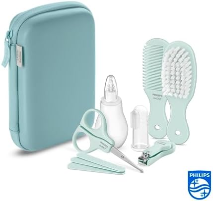 Avent SCH401/00 - Kit de iniciación con 9 accesorios: cortaúñas, tijeras, 3 limas de uñas, peine, cepillo para el pelo, aspiradora nasal y cepillo de dientes de dedo (modelo SCH401/00)