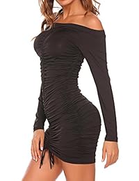 showyoo mujeres Sexy Off el hombro elástico Fruncido Mini Bodycon Club vestido