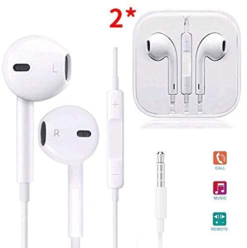 Parmeic in-Ear Earbuds Headphones, 2 Pack Wired Earphones Stereo Bass Noise Cancelling Ear Buds Headsets with Microphone and Volume Control Compatible with iPhone 6 Plus 6s 5s 5 5 and All 3.5mm Phone (Best Earbuds For Iphone 5s)