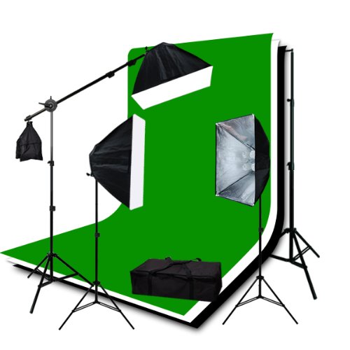 ePhoto H9004SB2-69BWG 3pieces 6x9 Chromakey Green Screen Muslins Backdrops Background Support Kit 2400 Watt Lighting Studio with Case-Black White
