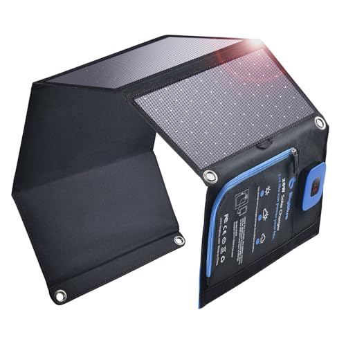 BigBlue 28W Solar Charger Foldable with Digital Ammeter, Outdoor Solar Powered Charger with IP44 Solar Panels USB-A & USB-C Ports (5V/4A Overall) for iPhone iPad Samsung Galaxy LG and Devices
