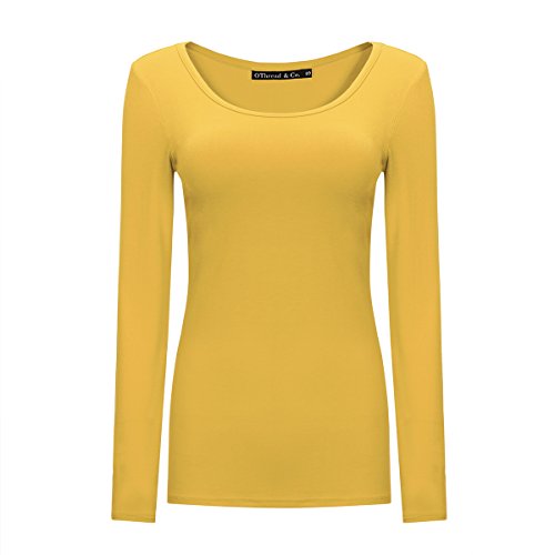 OThread & Co. Women's Long Sleeves T-Shirt Scoop Neck Plain Basic Spandex Tee (Large, Mustard)