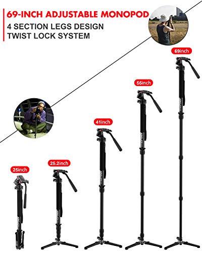 KINGJOY Video Monopod Kit, with Fluid Head and Removable Tripod Feet, 69 inch Max Height 22lbs Max Load for DSLR Cameras, MP3008+KH-6750