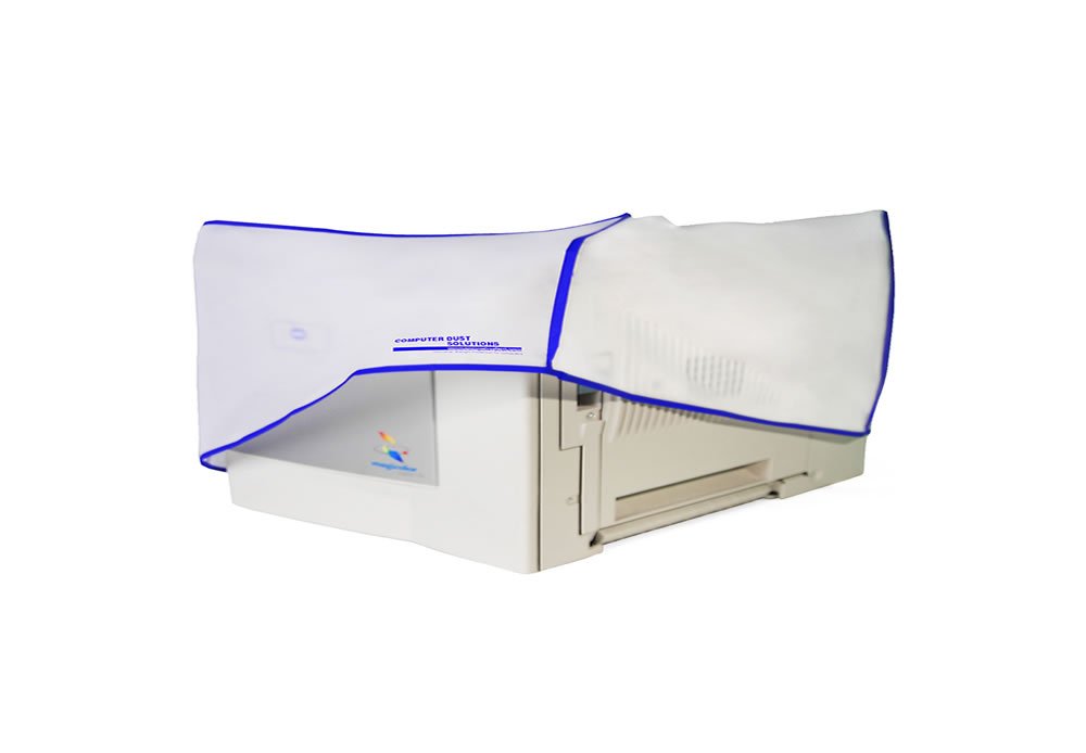 Computer Dust Solutions Printer Dust Cover, Covers Inkjet or Laser Printers, Silky Smooth Antistatic Vinyl, Translucent Coconut Cream Color with Blue Trim, Several, (20W x8H x20D)