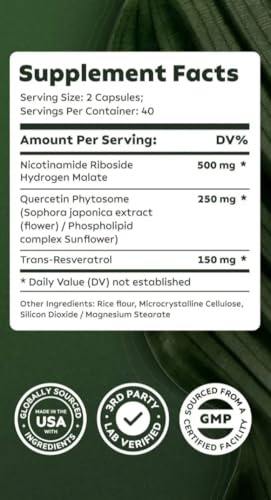 PacificCoast NutriLabs NMN Supplement Alternative - Liposomal Nicotinamide Riboside w/Resveratrol & Quercetin - High Purity NAD Supplement for Anti-Aging, Energy, Focus - 80 Capsules, Green