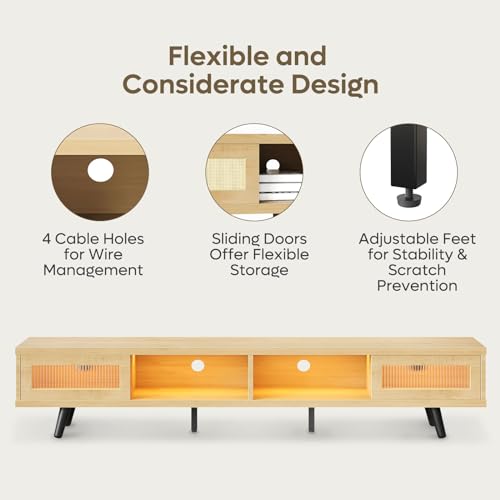 Bestier Mid Century Modern TV Stand for 75 inch TV, 70 inch TV Stand with Storage and Tempered Glass Sliding Doors, Low Profile TV Consoles, Stylish, LED Light, Modern, White Maple