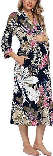 XPENYO WOMEN’S MATERNITY SLEEPWEAR ROBES LONG BATHROBE PREGNANCY LOUNGEWEAR LABOR/DELIVERY/NURSING/HOSPITAL NIGHTGOWN, BIG LEAF PINK FLORAL S