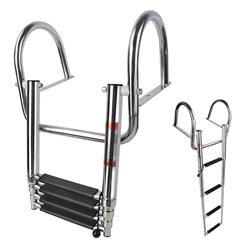 4 Step Pontoon Boat Ladder,Heavy Duty Telescoping Boat Boarding Ladder with Wide Steps, Folding