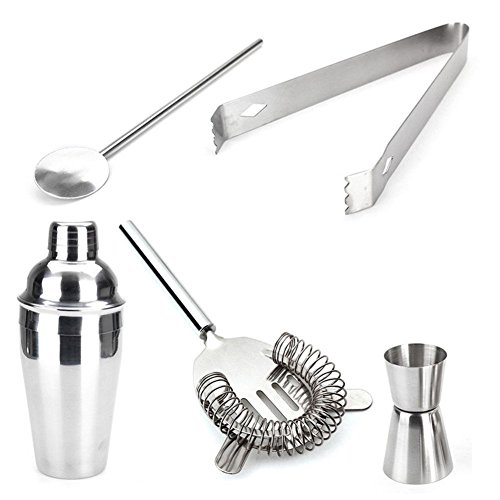 Baifeng 5pcs/Set Cocktail Shaker Making Set, 550ml Stainless Steel Shaker Shaker Mixer, Drink Hawthorn Strainer,Ice Clip Tongs,Mixing Spoon,Measuring Cup Bar Tool